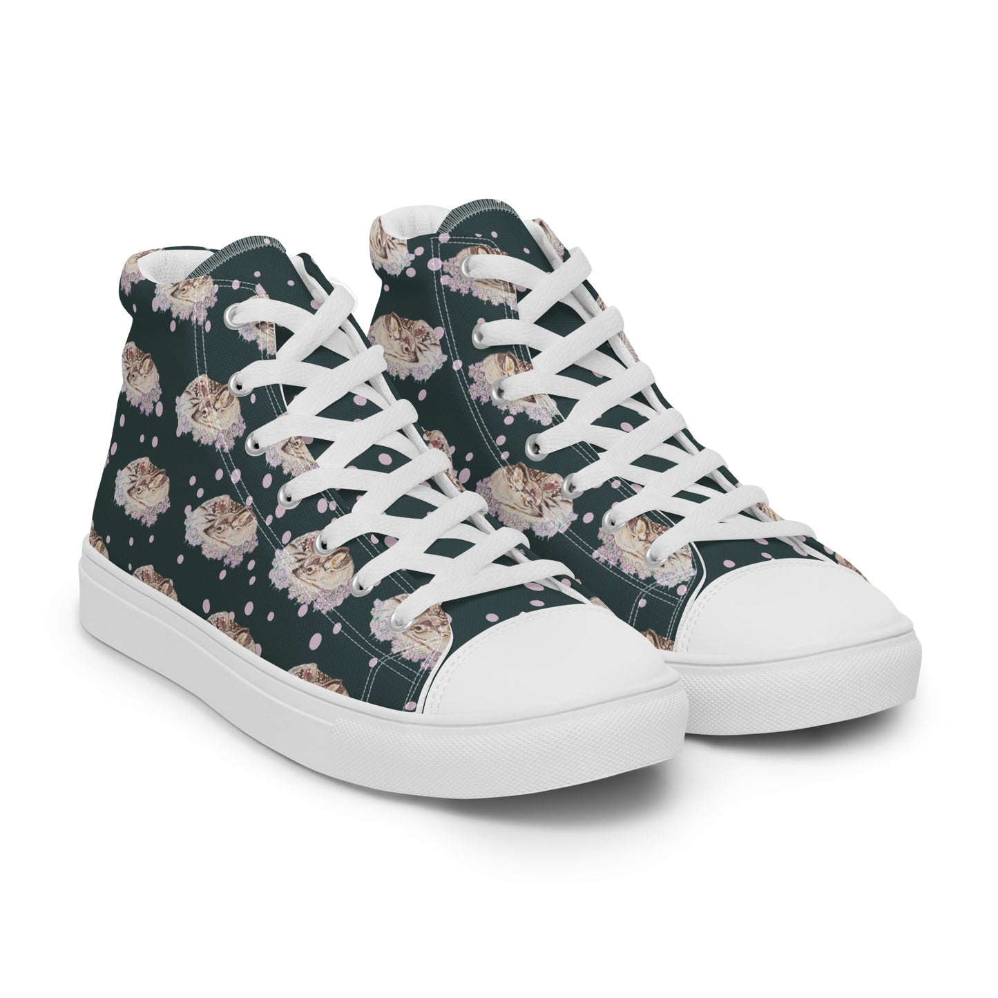 Women’s high top canvas shoes - hand drawn fawn all over print - dark blue green