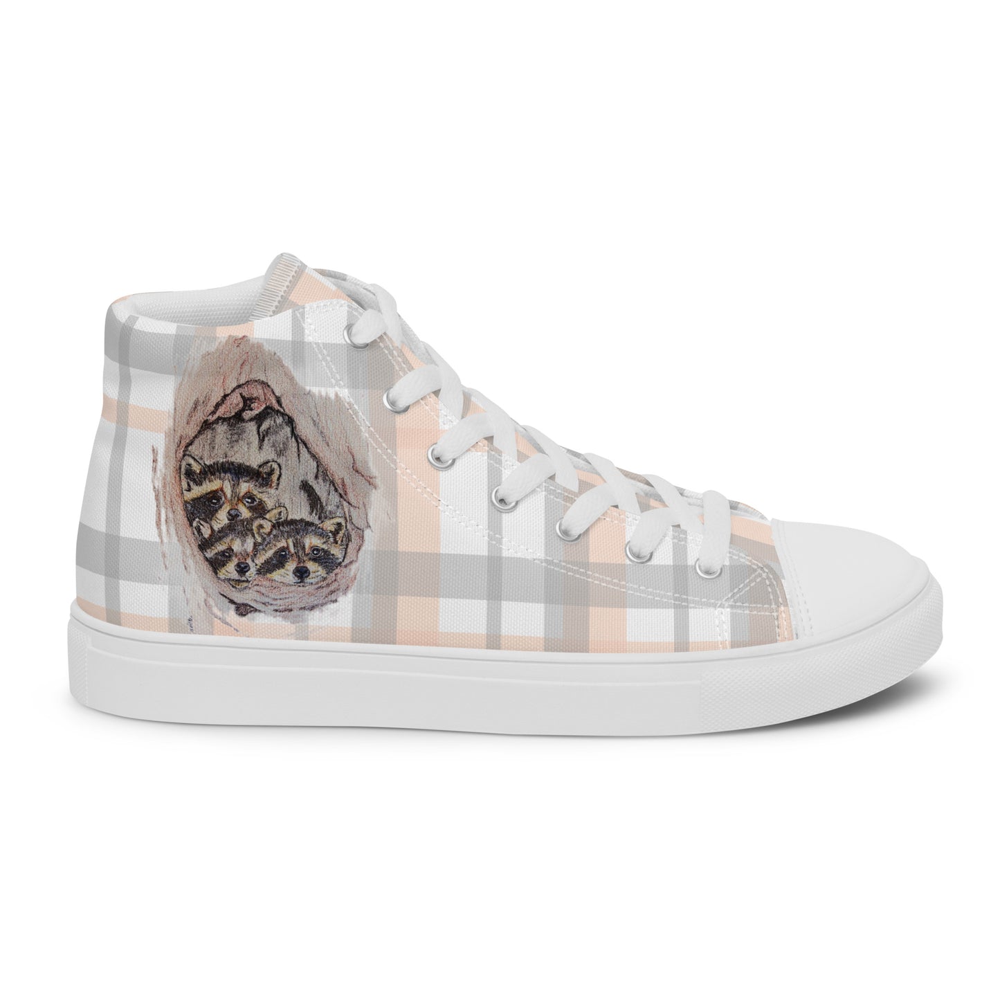 Women’s high top canvas shoes - custom hand drawn raccoon designed sneakers - plaid