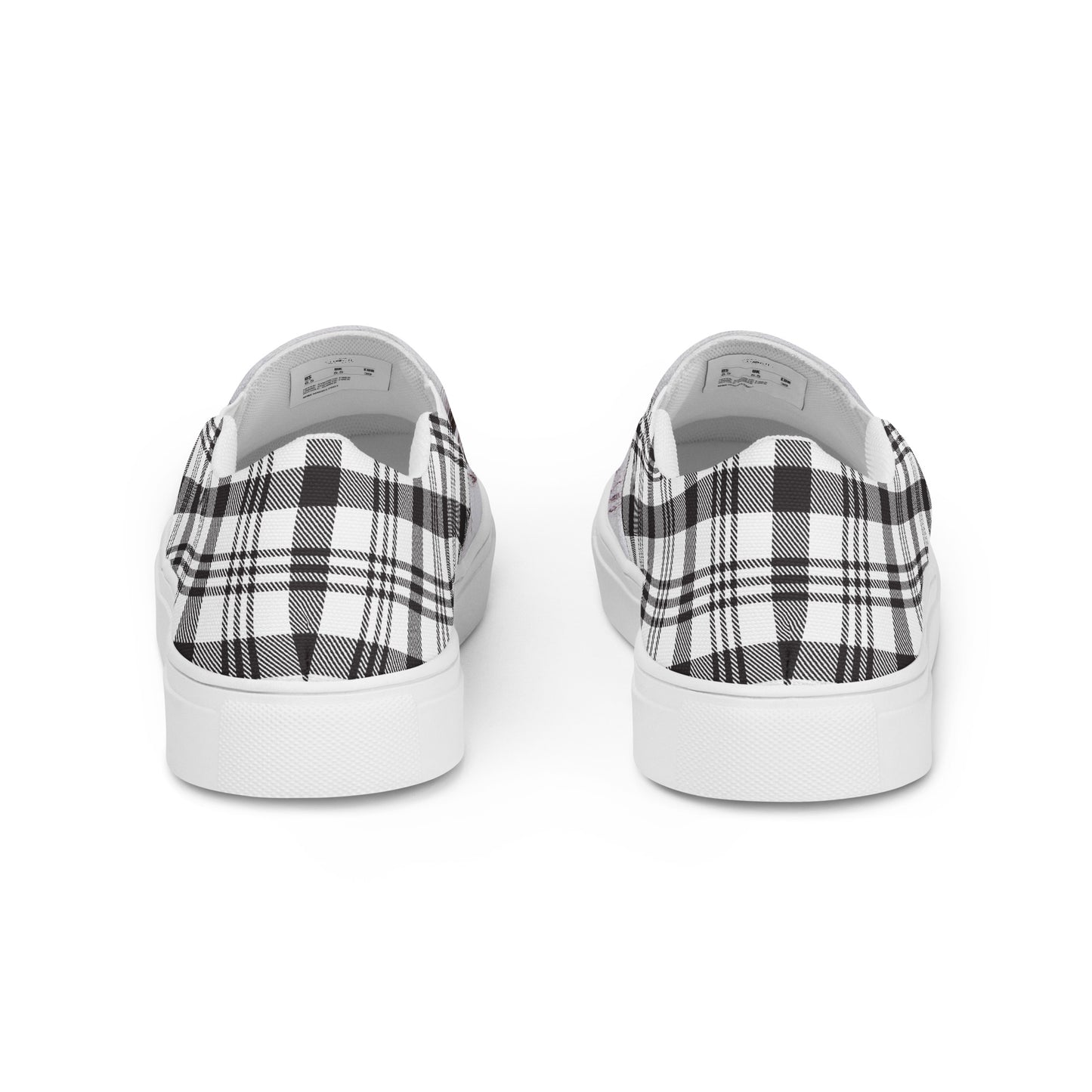 Women’s canvas shoes - custom hand drawn owl eye designed slip on shoe - black/white plaid