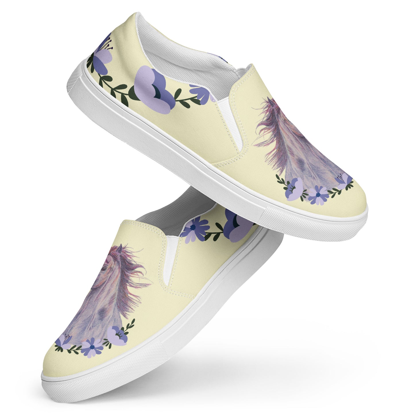 Women’s canvas shoes - Custom sorrel horse and floral design slip on shoes - yellow