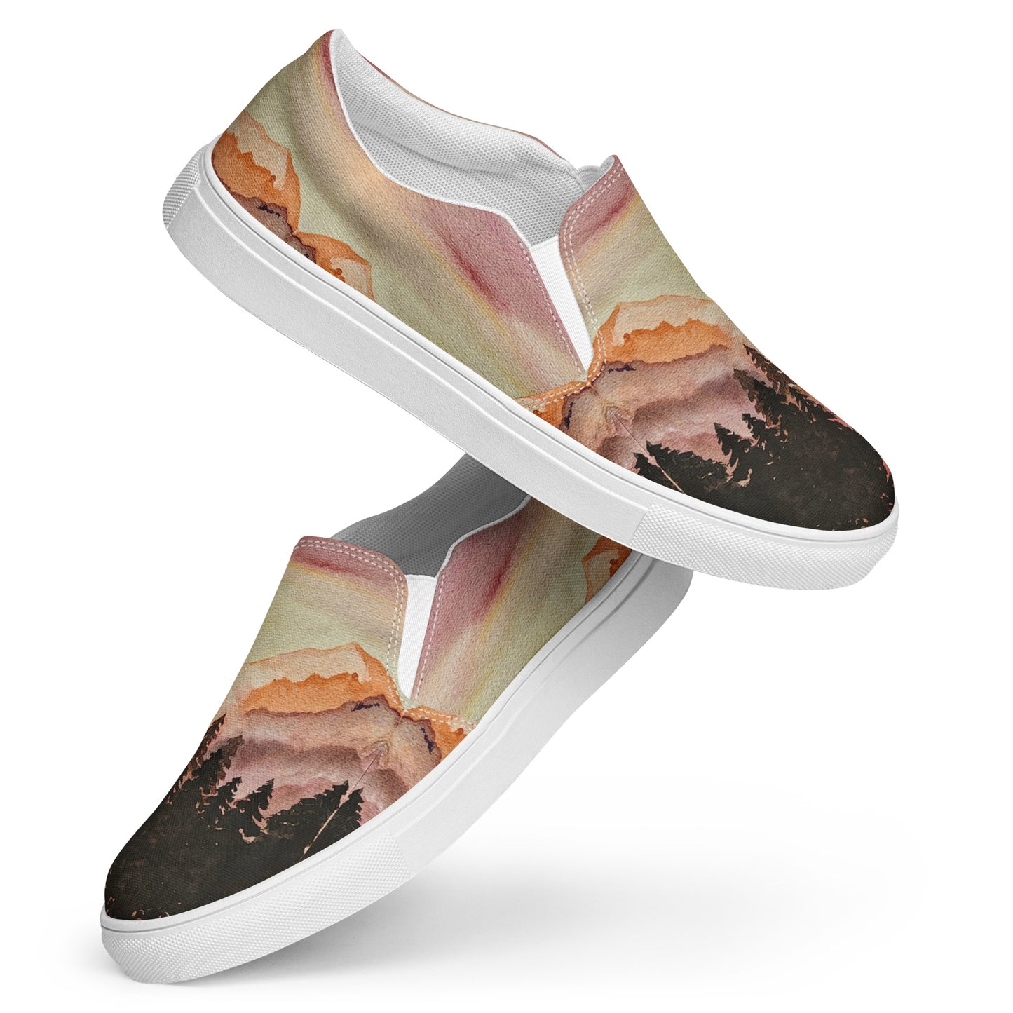 Women’s canvas shoes - Watercolor mountain painted designed slip on shoe - multicolor