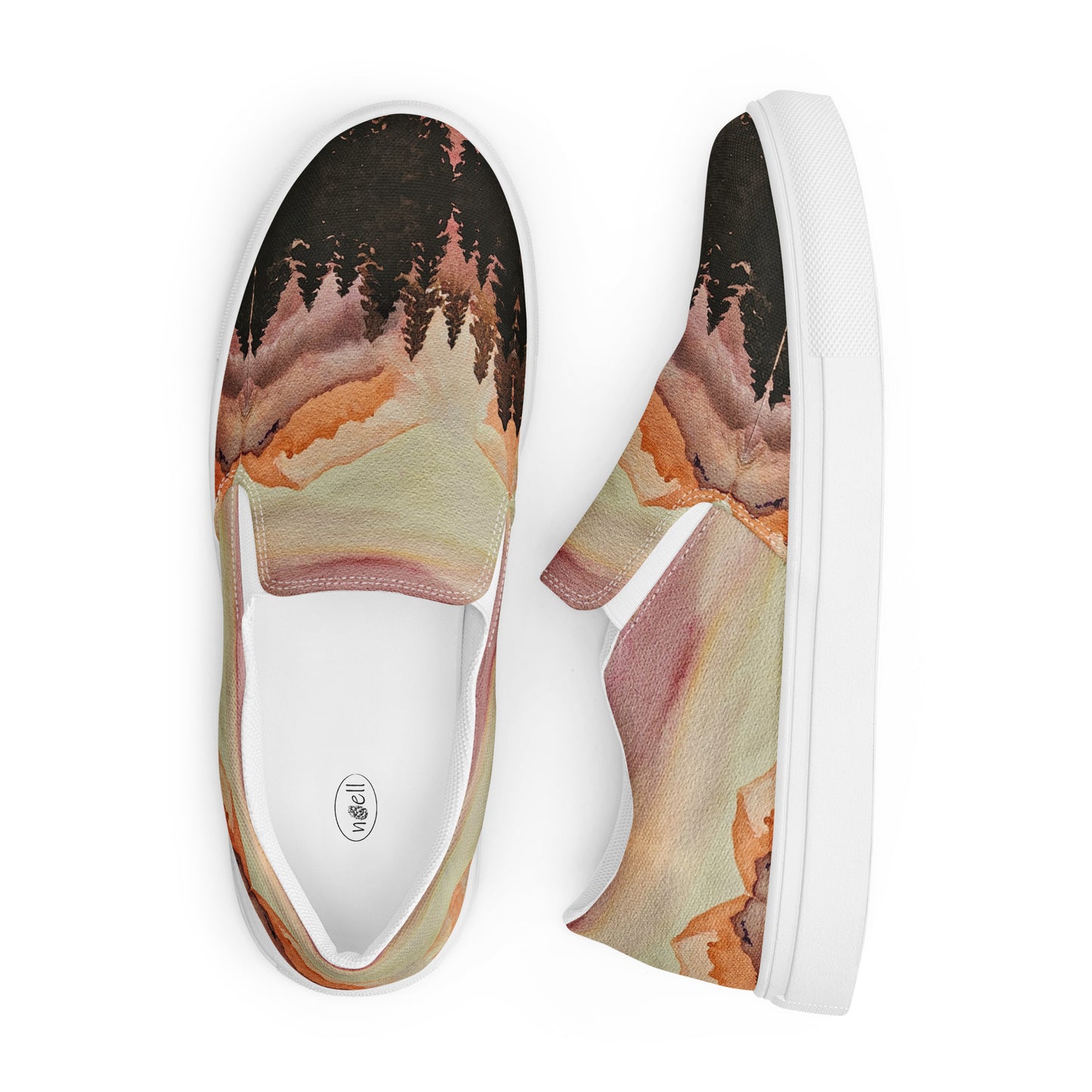 Women’s canvas shoes - Watercolor mountain painted designed slip on shoe - multicolor