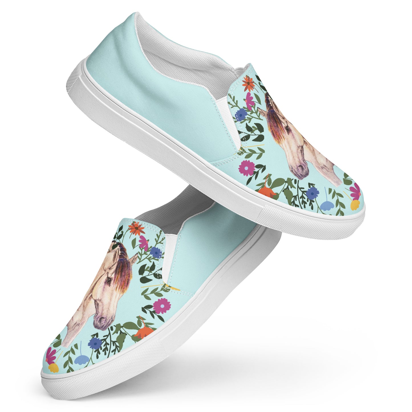 WWomen’s canvas shoes - custom original hand drawn buckskin horse design slip-on flats - blue