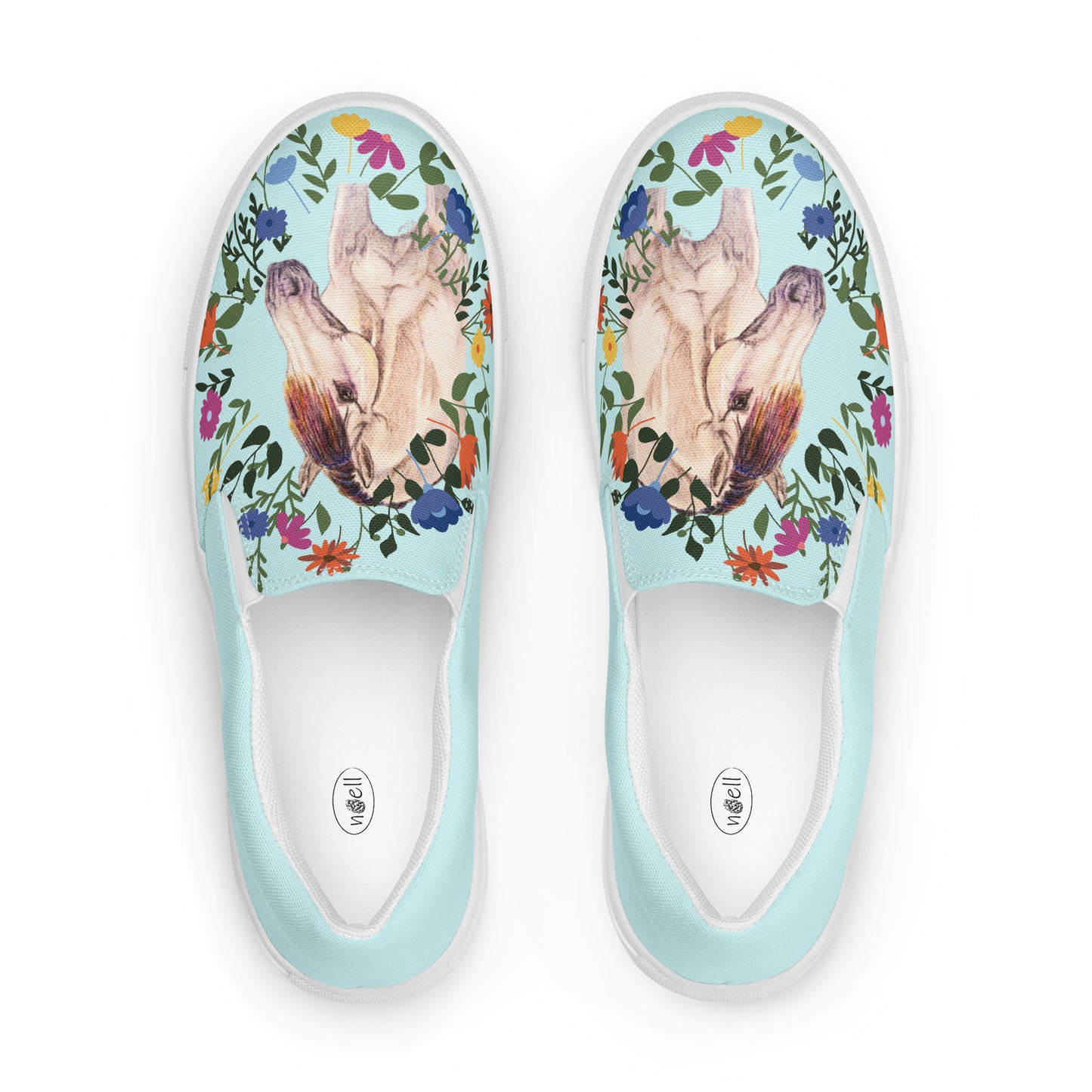 WWomen’s canvas shoes - custom original hand drawn buckskin horse design slip-on flats - blue