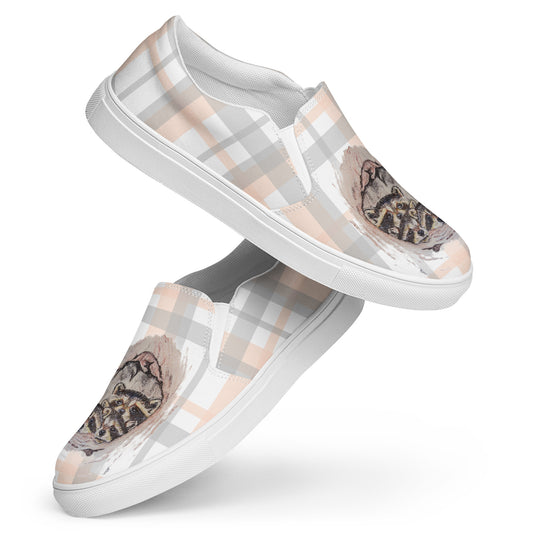 Women’s canvas shoes - original custom raccoon art hand-drawn design slip-on shoes - plaid