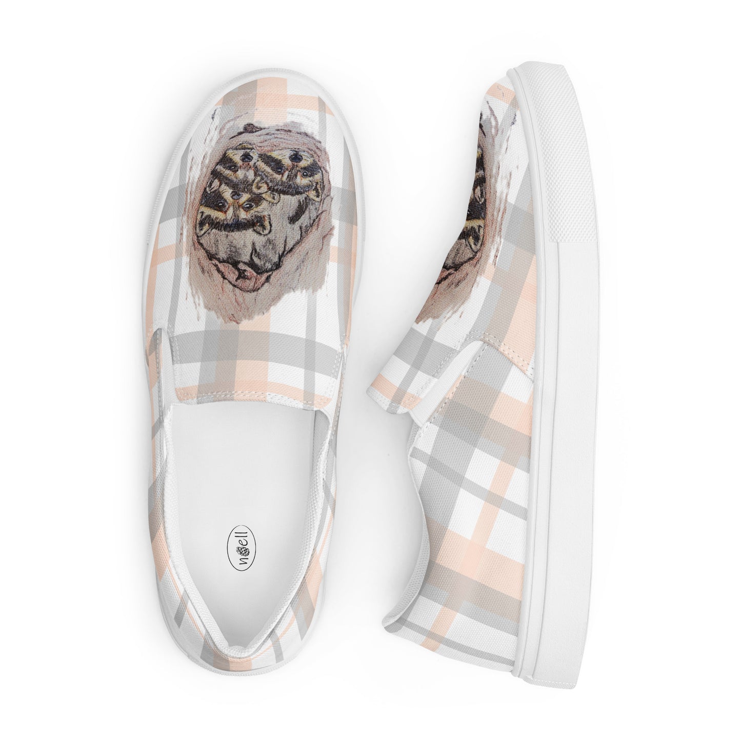 Women’s canvas shoes - original custom raccoon art hand-drawn design slip-on shoes - plaid