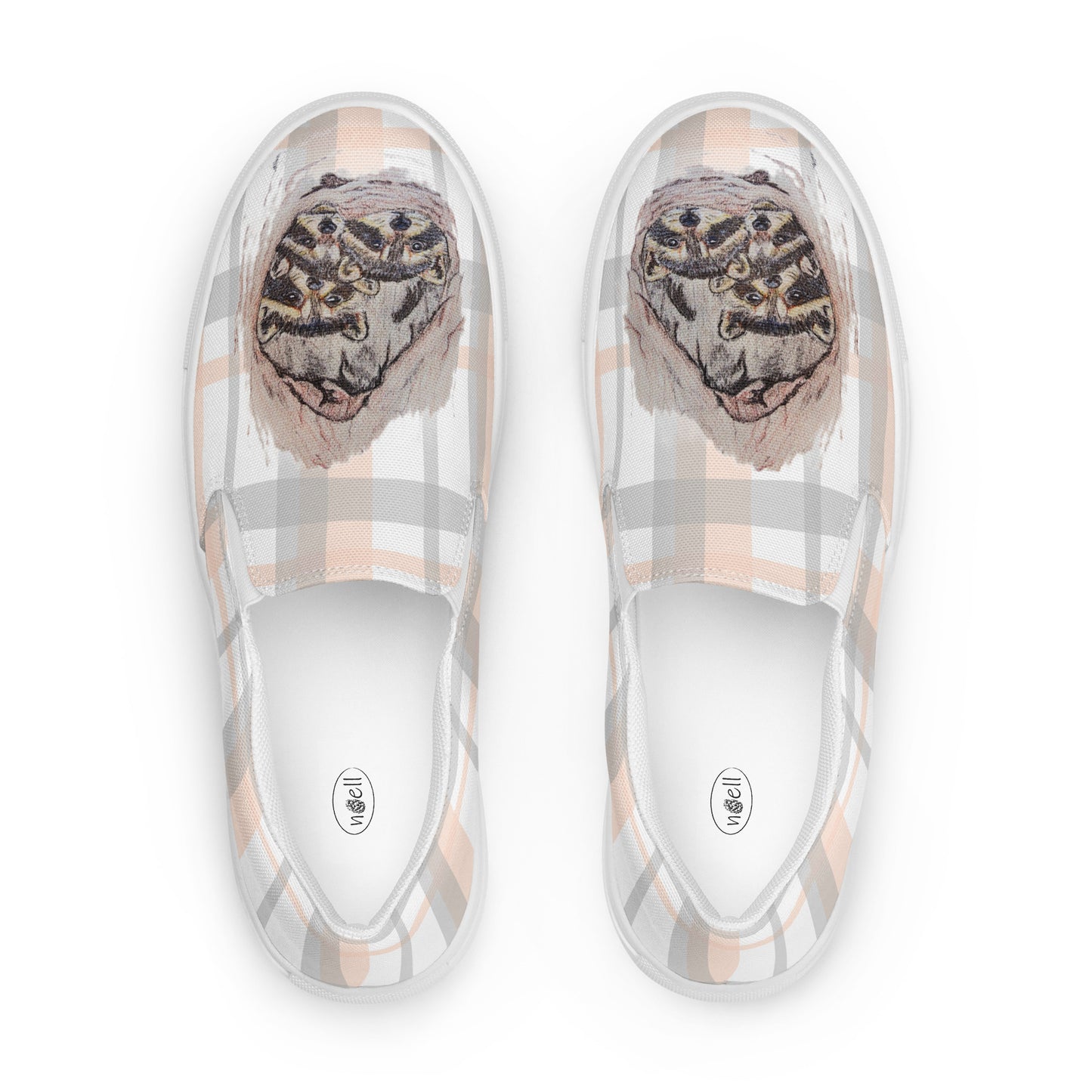 Women’s canvas shoes - original custom raccoon art hand-drawn design slip-on shoes - plaid