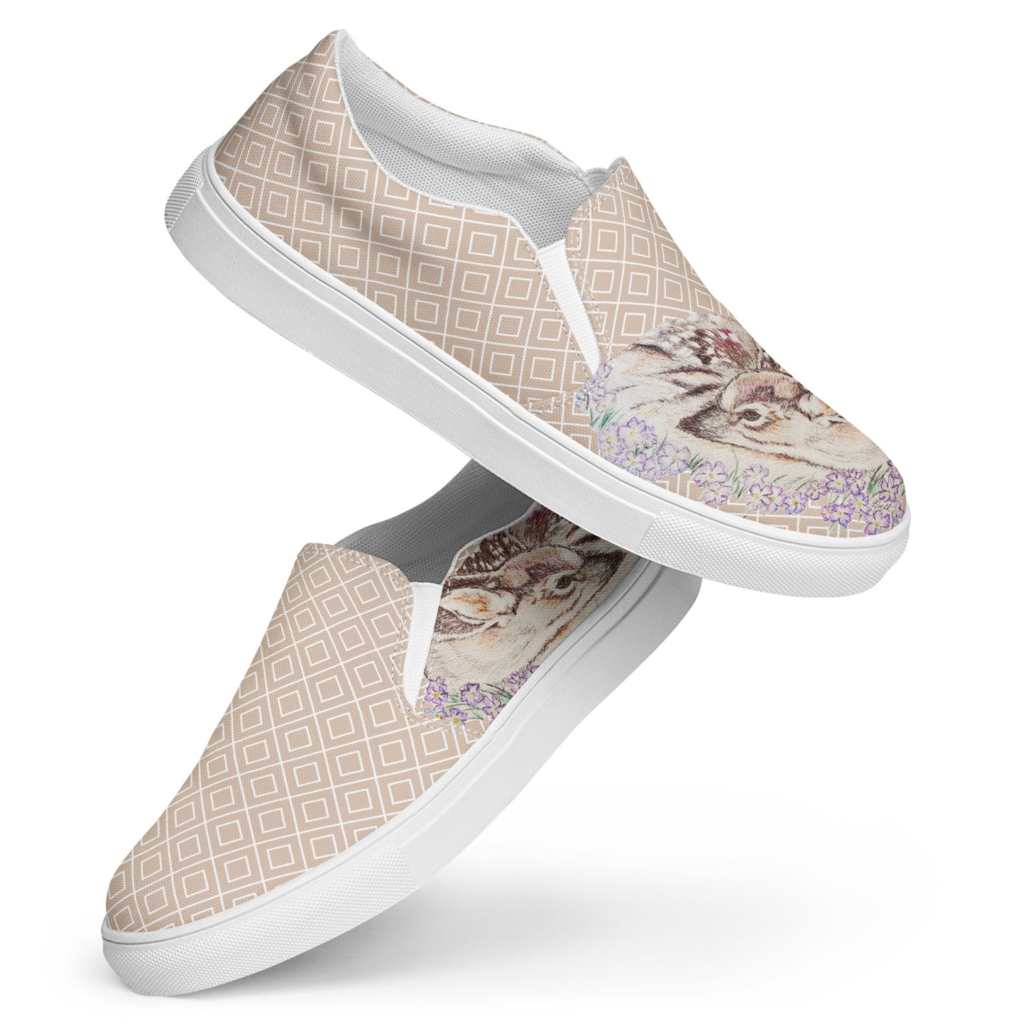 Women’s Canvas Shoes - original custom Fawn Art hand-drawn design slip-on shoes - tan