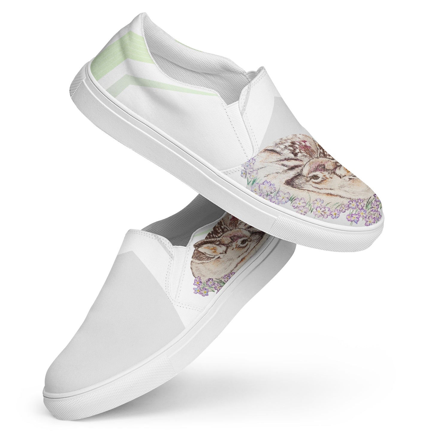 Women’s Canvas Shoes - original custome hand-drawn Fawn Art design slip-on shoes - gray green