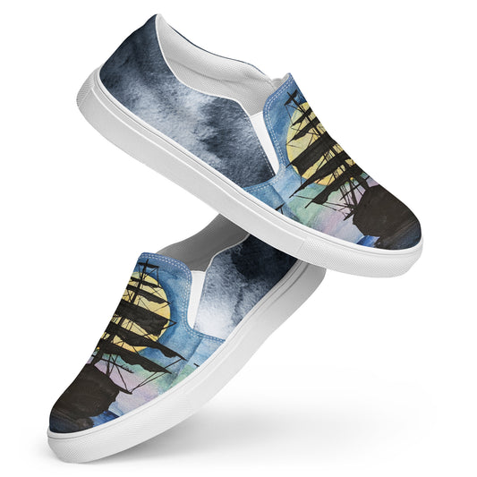 Women’s slip-on canvas shoes - watercolor pirate ship silhouette - blue