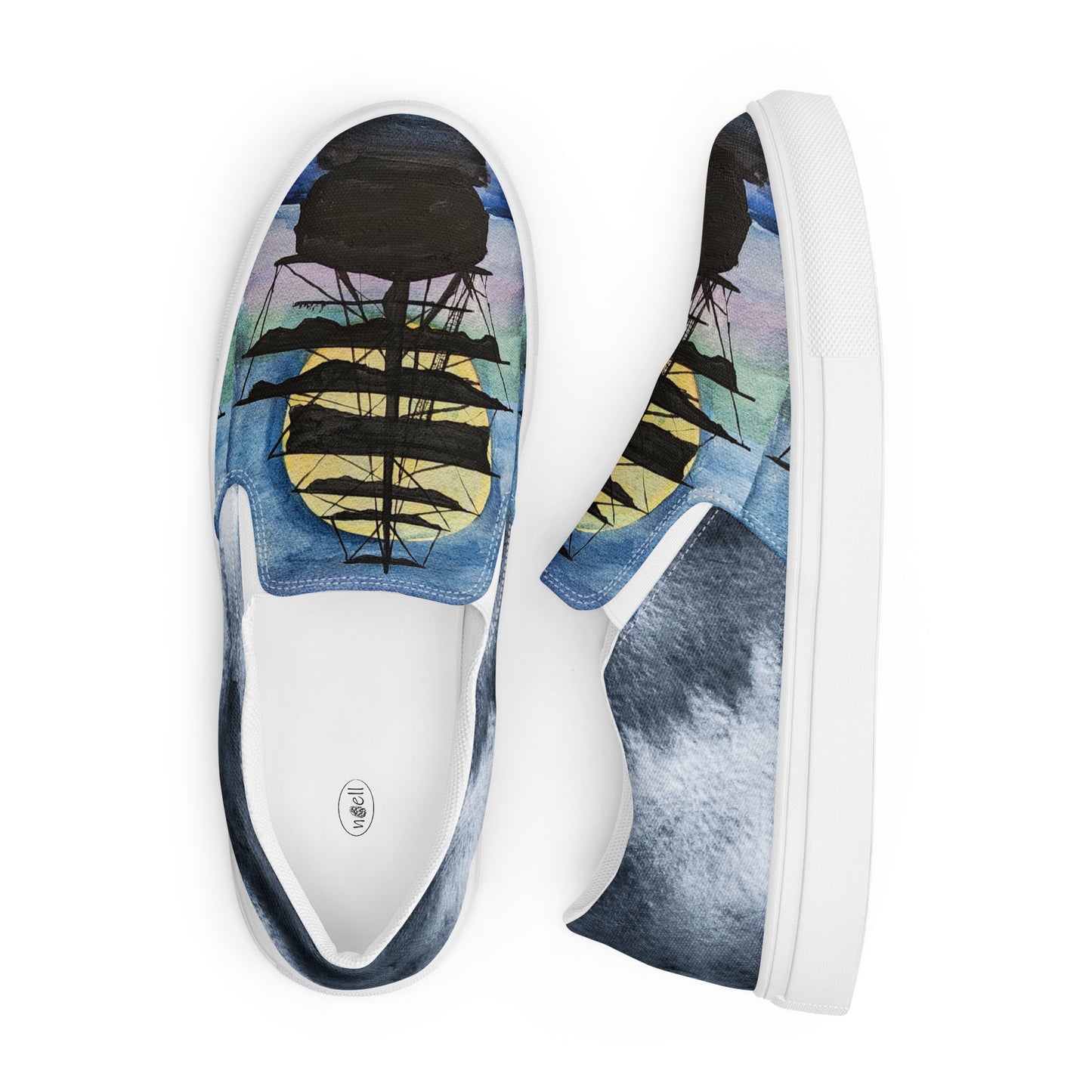 Women’s slip-on canvas shoes - watercolor pirate ship silhouette - blue