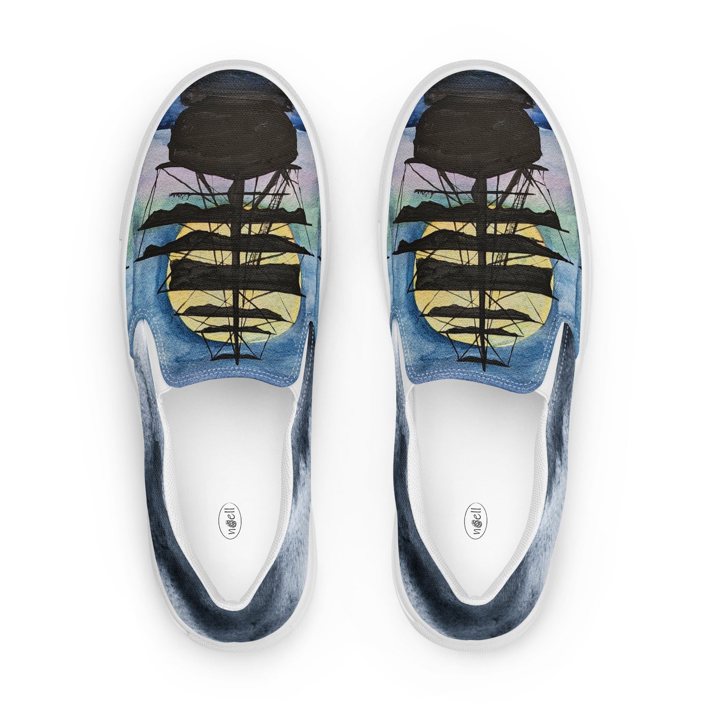 Women’s slip-on canvas shoes - watercolor pirate ship silhouette - blue