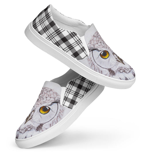 Women’s canvas shoes - custom hand drawn owl eye designed slip on shoe - black/white plaid