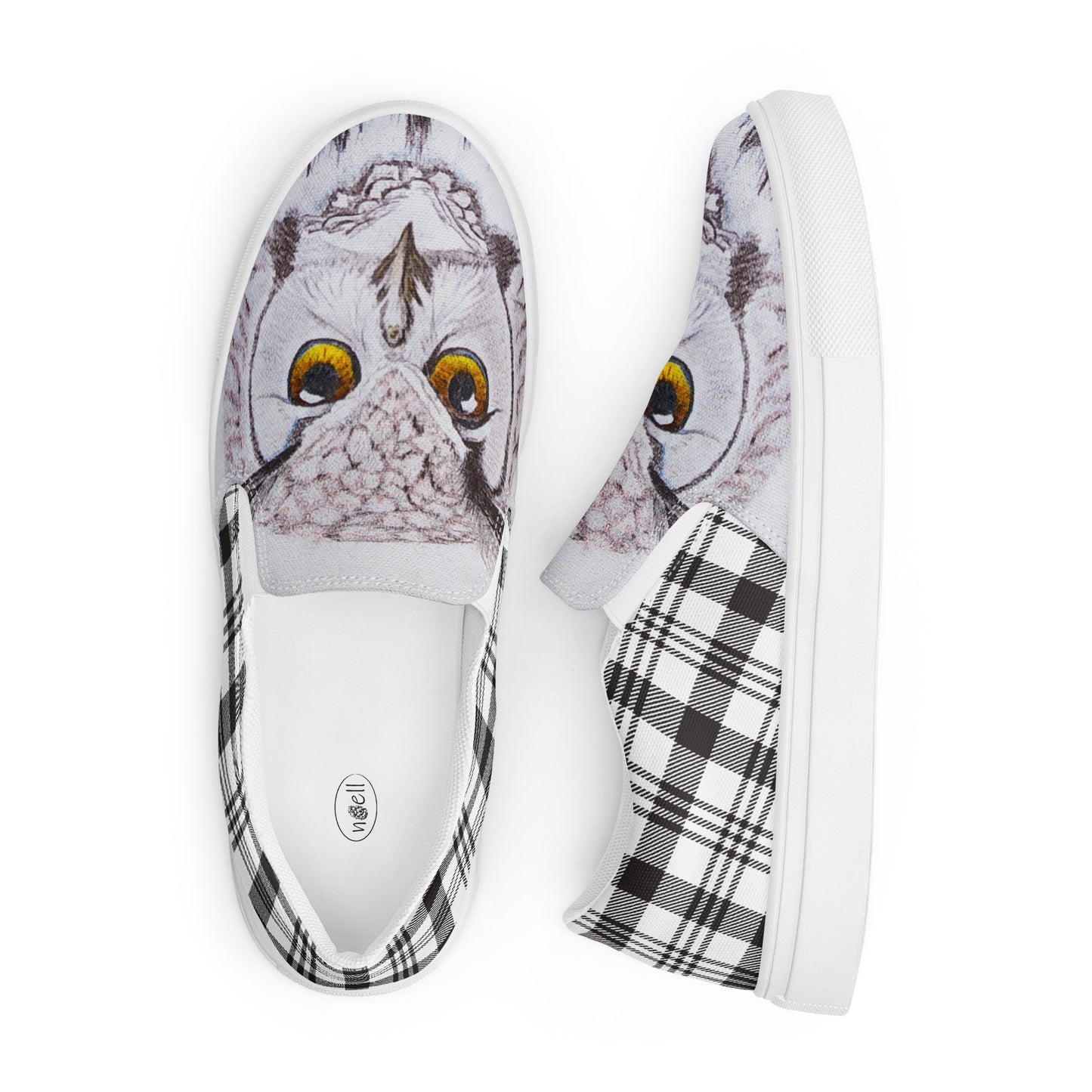 Women’s canvas shoes - custom hand drawn owl eye designed slip on shoe - black/white plaid