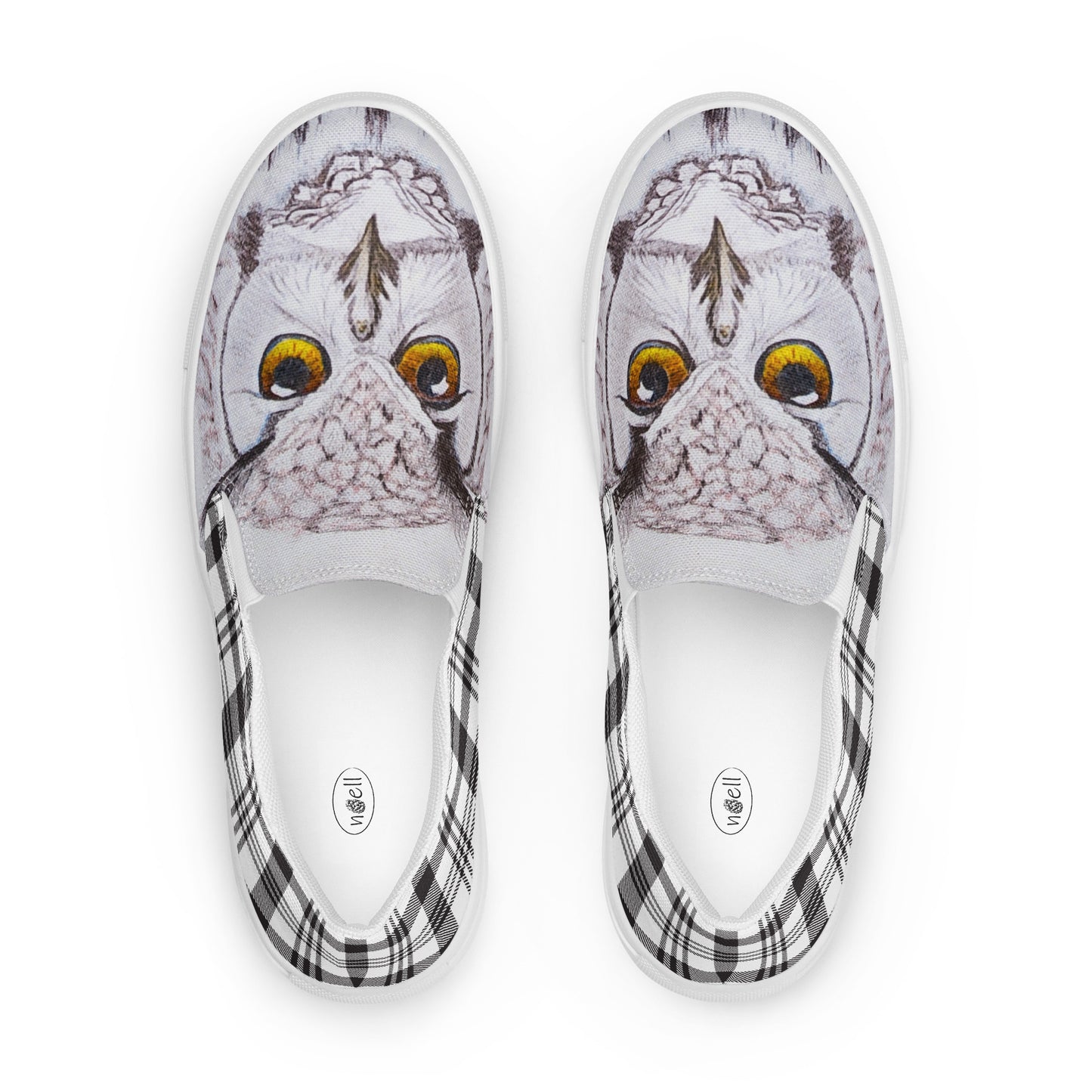 Women’s canvas shoes - custom hand drawn owl eye designed slip on shoe - black/white plaid