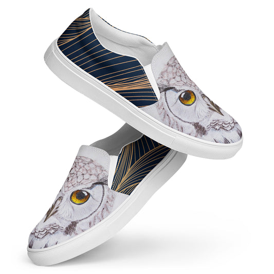 Women’s canvas shoes - custom hand drawn owl eye design slip ons - navy swirl