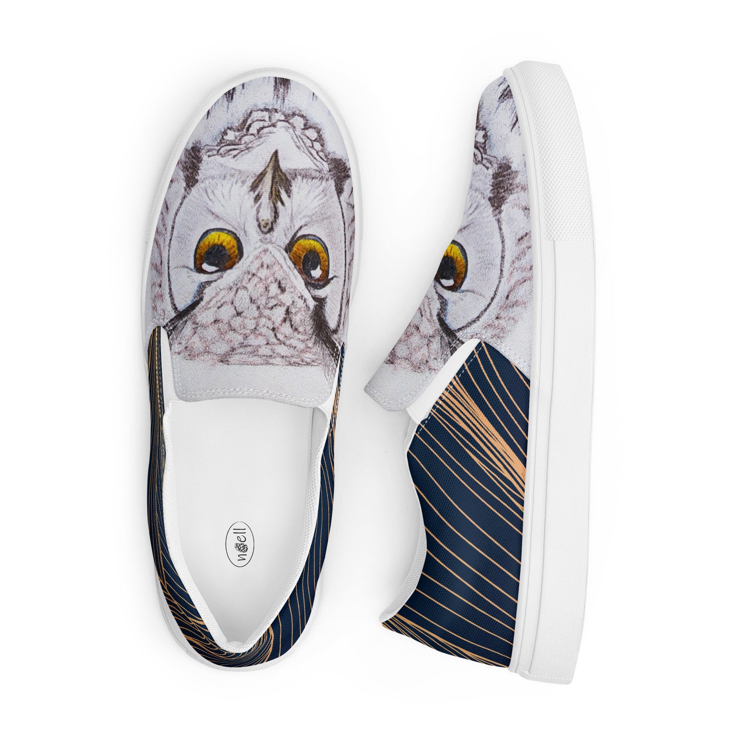 Women’s canvas shoes - custom hand drawn owl eye design slip ons - navy swirl