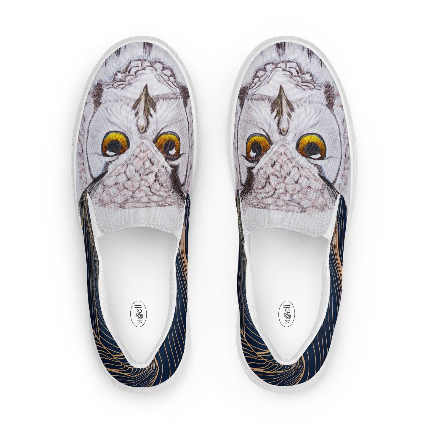 Women’s canvas shoes - custom hand drawn owl eye design slip ons - navy swirl