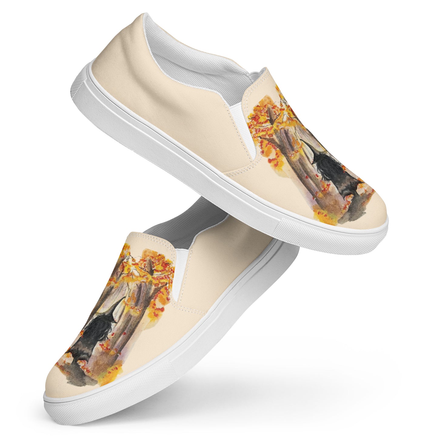 Women’s canvas shoes - autumn witch watercolor designed slip ons - peach