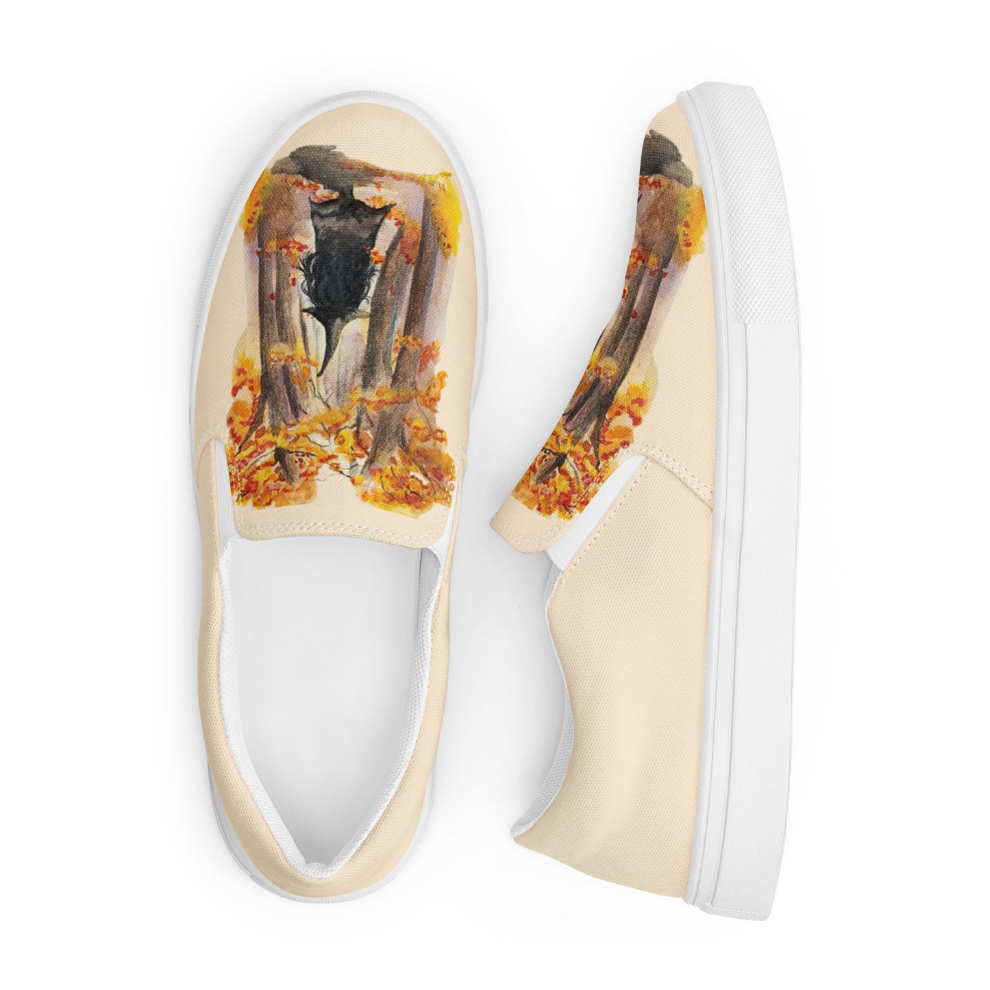 Women’s canvas shoes - autumn witch watercolor designed slip ons - peach