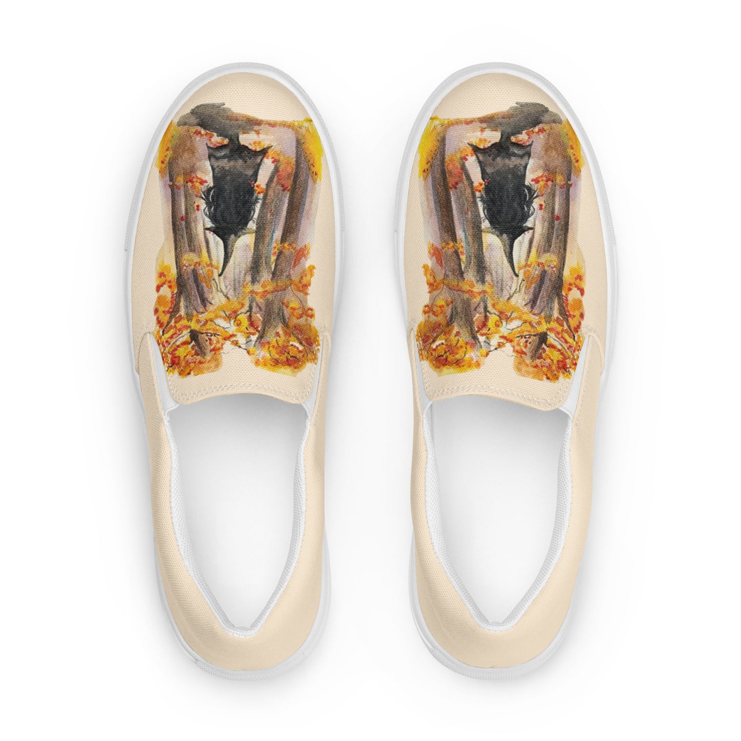 Women’s canvas shoes - autumn witch watercolor designed slip ons - peach