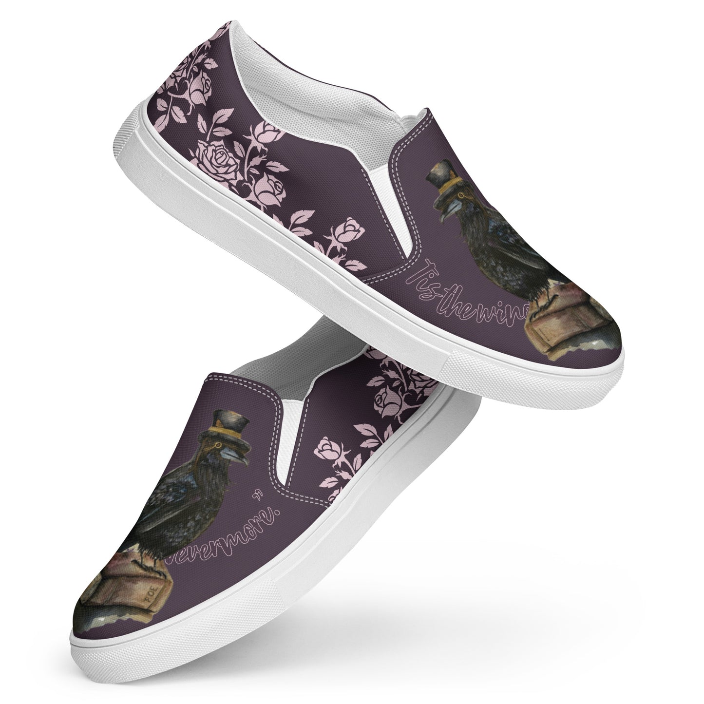 Women’s canvas shoes - watercolor "The Raven" and rose designed slip on flats - purple