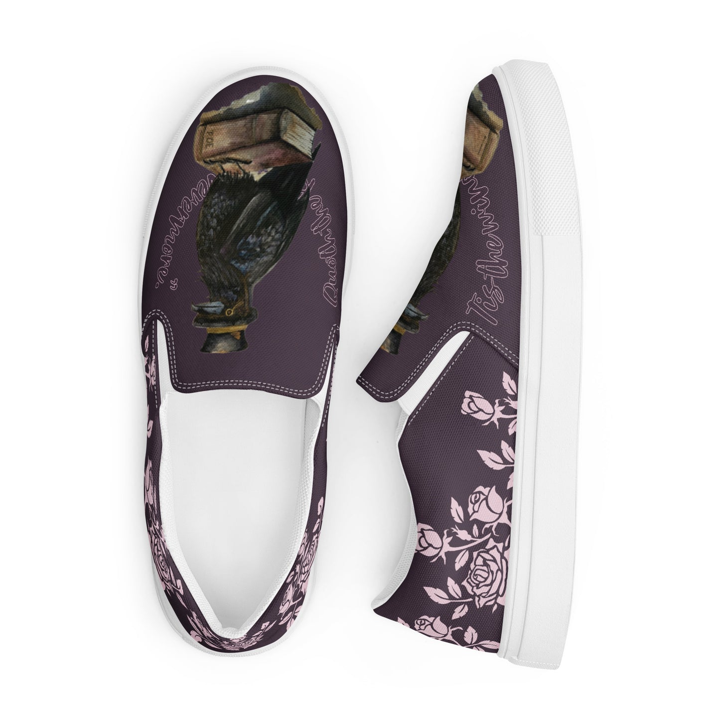 Women’s canvas shoes - watercolor "The Raven" and rose designed slip on flats - purple