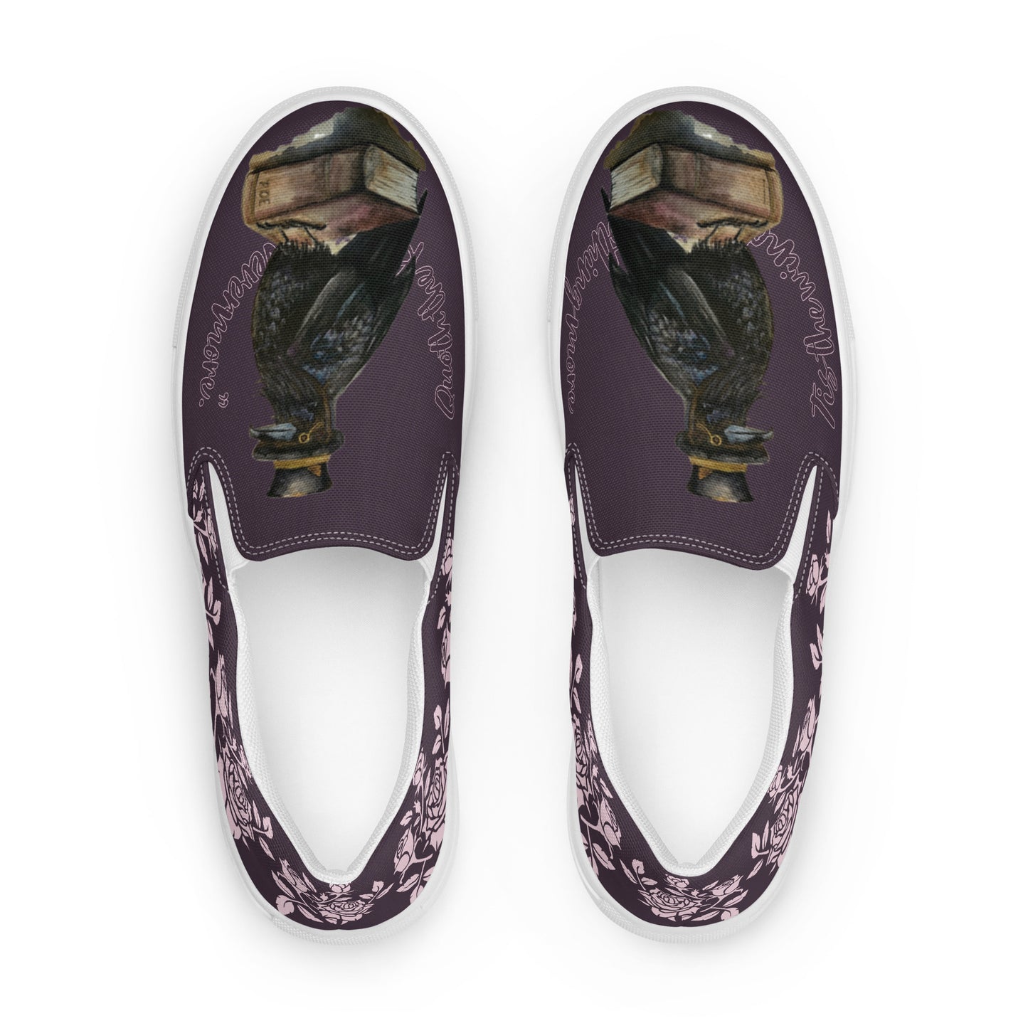 Women’s canvas shoes - watercolor "The Raven" and rose designed slip on flats - purple