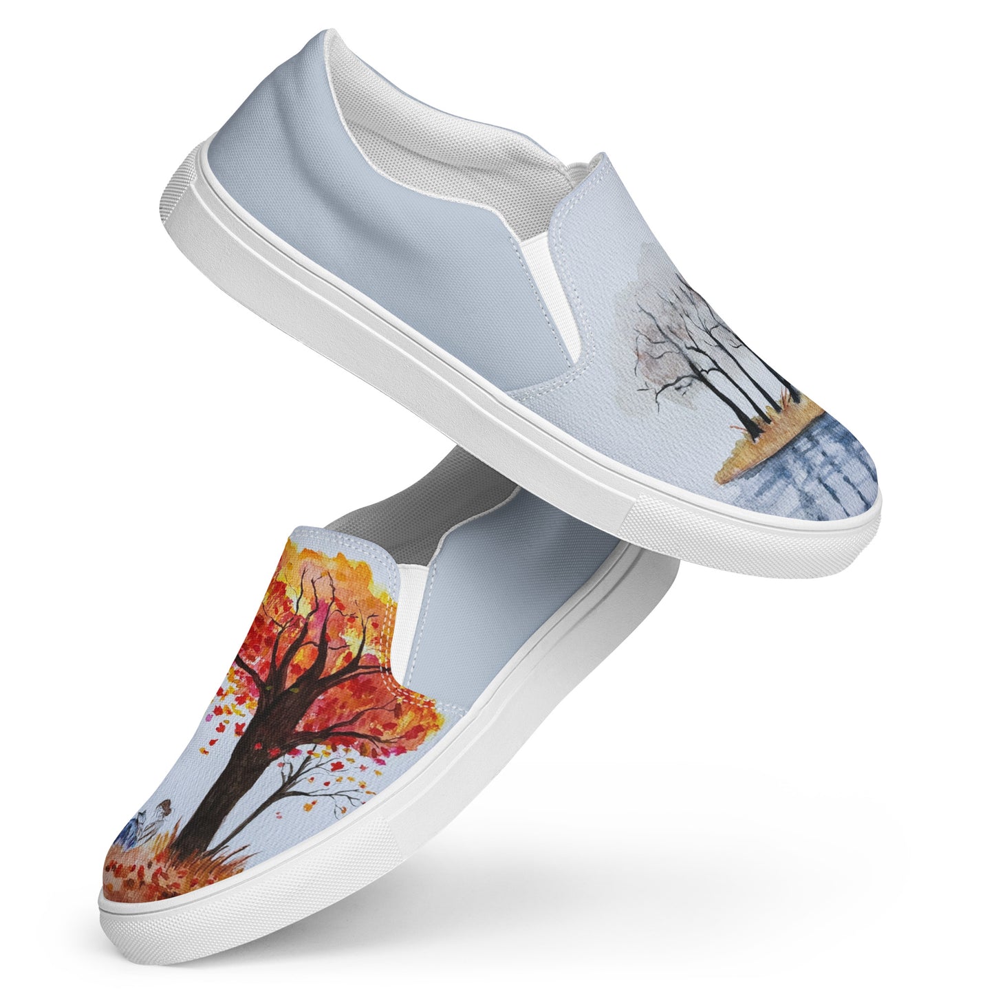 Women’s slip-on canvas shoes - unique watercolor paint autumn trees and lake reader printed on slip ons - blue