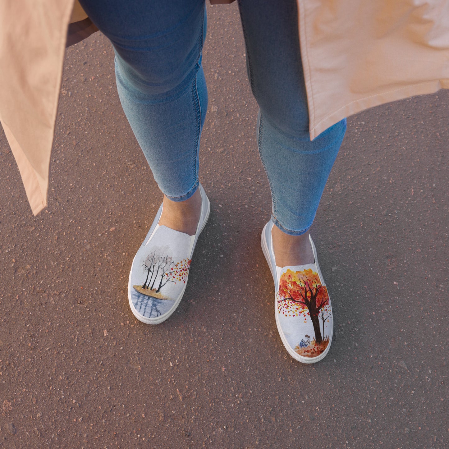 Women’s slip-on canvas shoes - unique watercolor paint autumn trees and lake reader printed on slip ons - blue