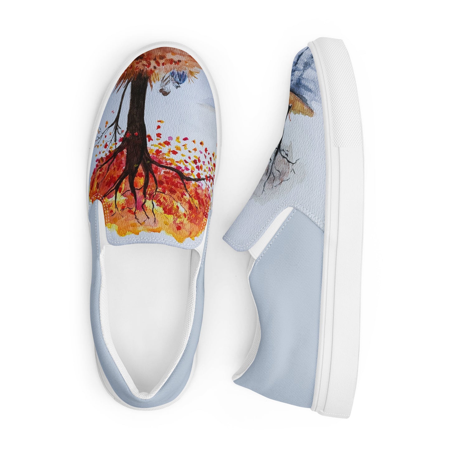 Women’s slip-on canvas shoes - unique watercolor paint autumn trees and lake reader printed on slip ons - blue