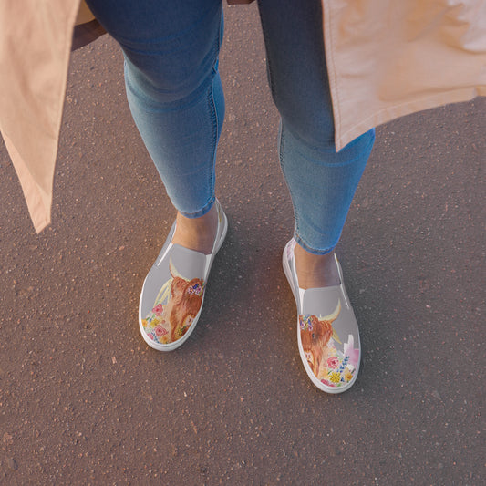 Women’s slip-on canvas shoes - hand painted watercolor floral highland cow design - gray