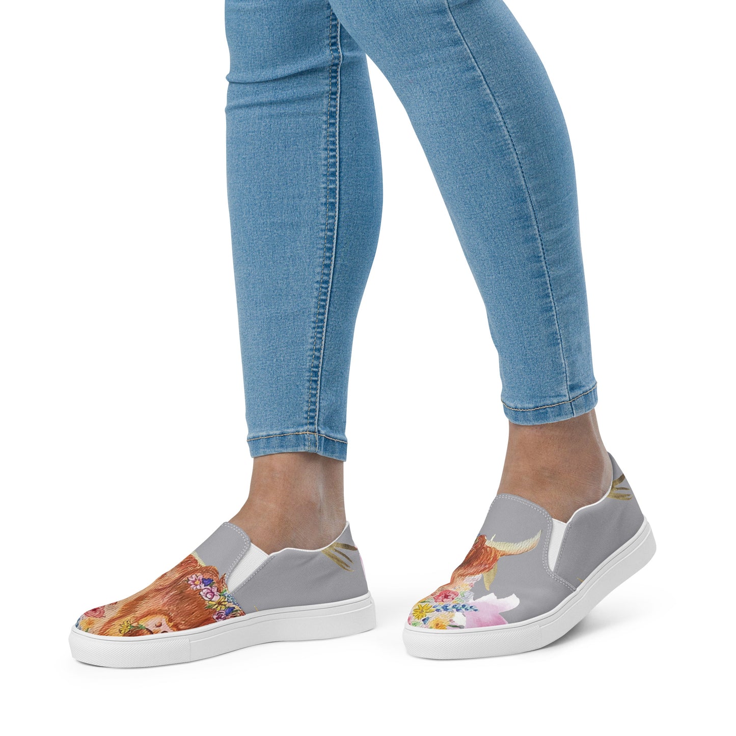 Women’s slip-on canvas shoes - hand painted watercolor floral highland cow design - gray