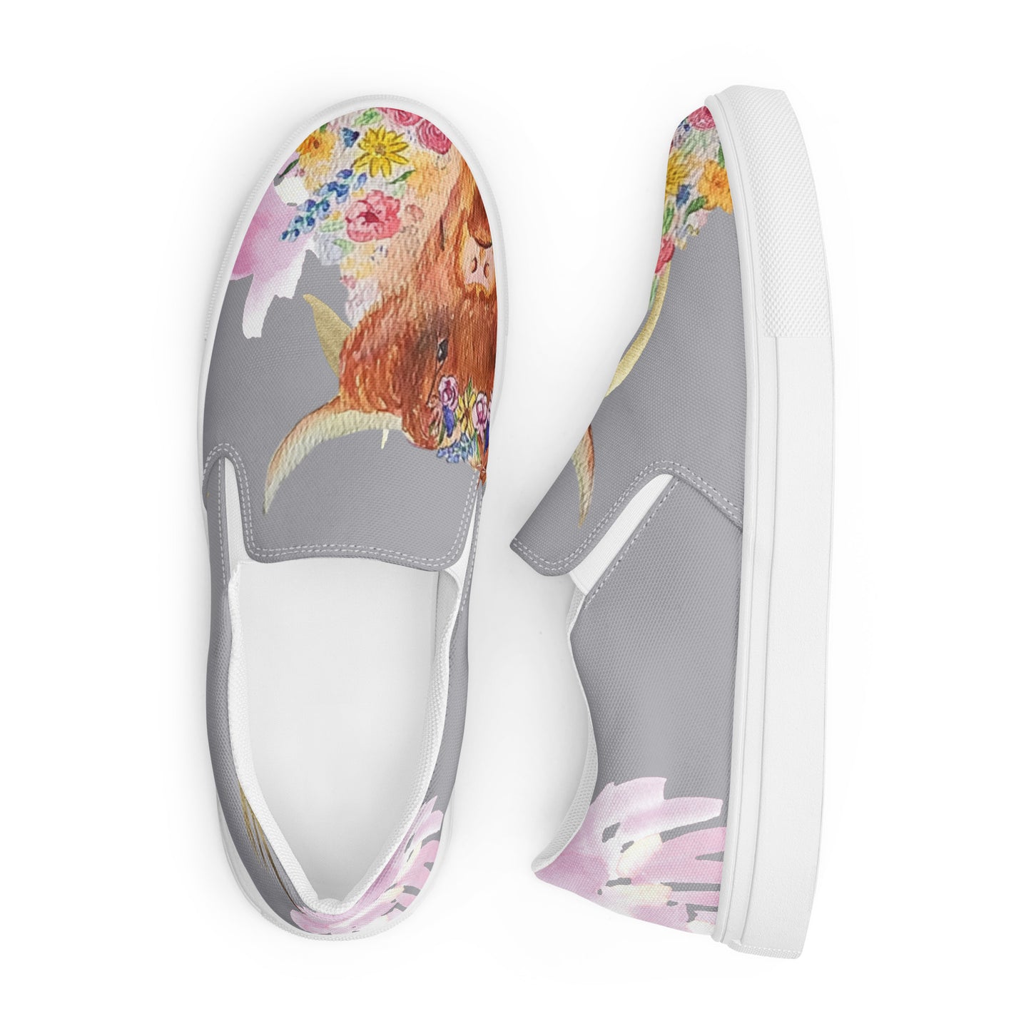 Women’s slip-on canvas shoes - hand painted watercolor floral highland cow design - gray