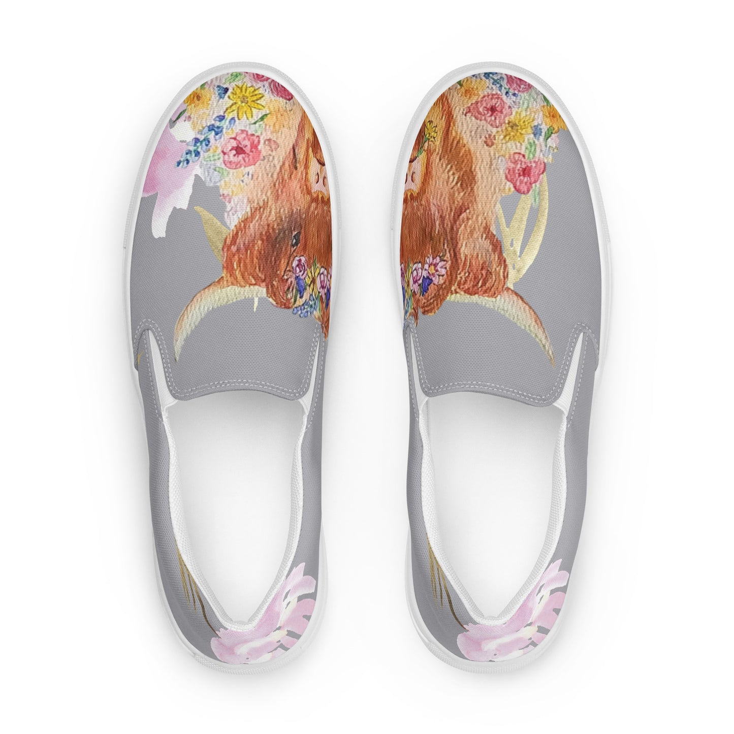 Women’s slip-on canvas shoes - hand painted watercolor floral highland cow design - gray