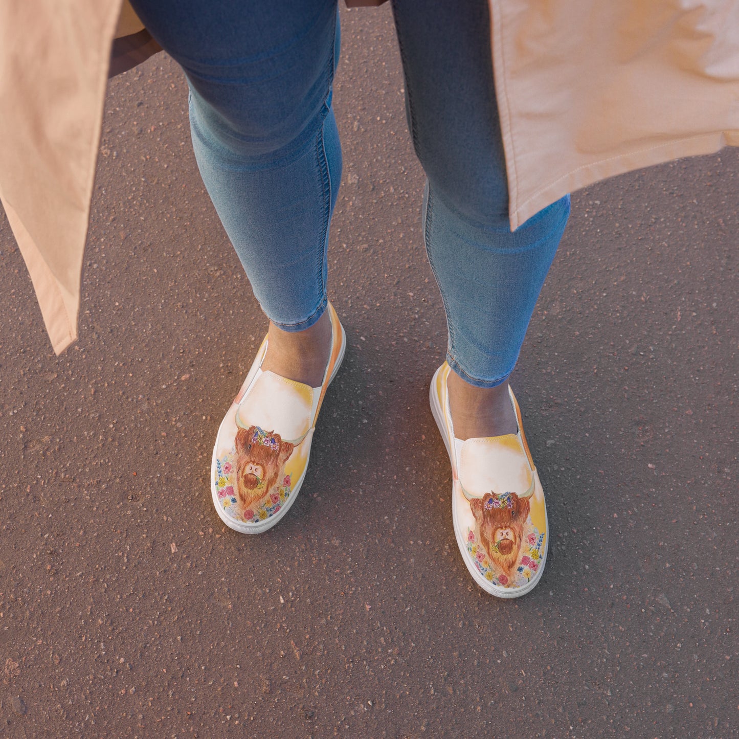 Women’s slip-on canvas shoes - hand painted watercolor floral highland cow design - yellow