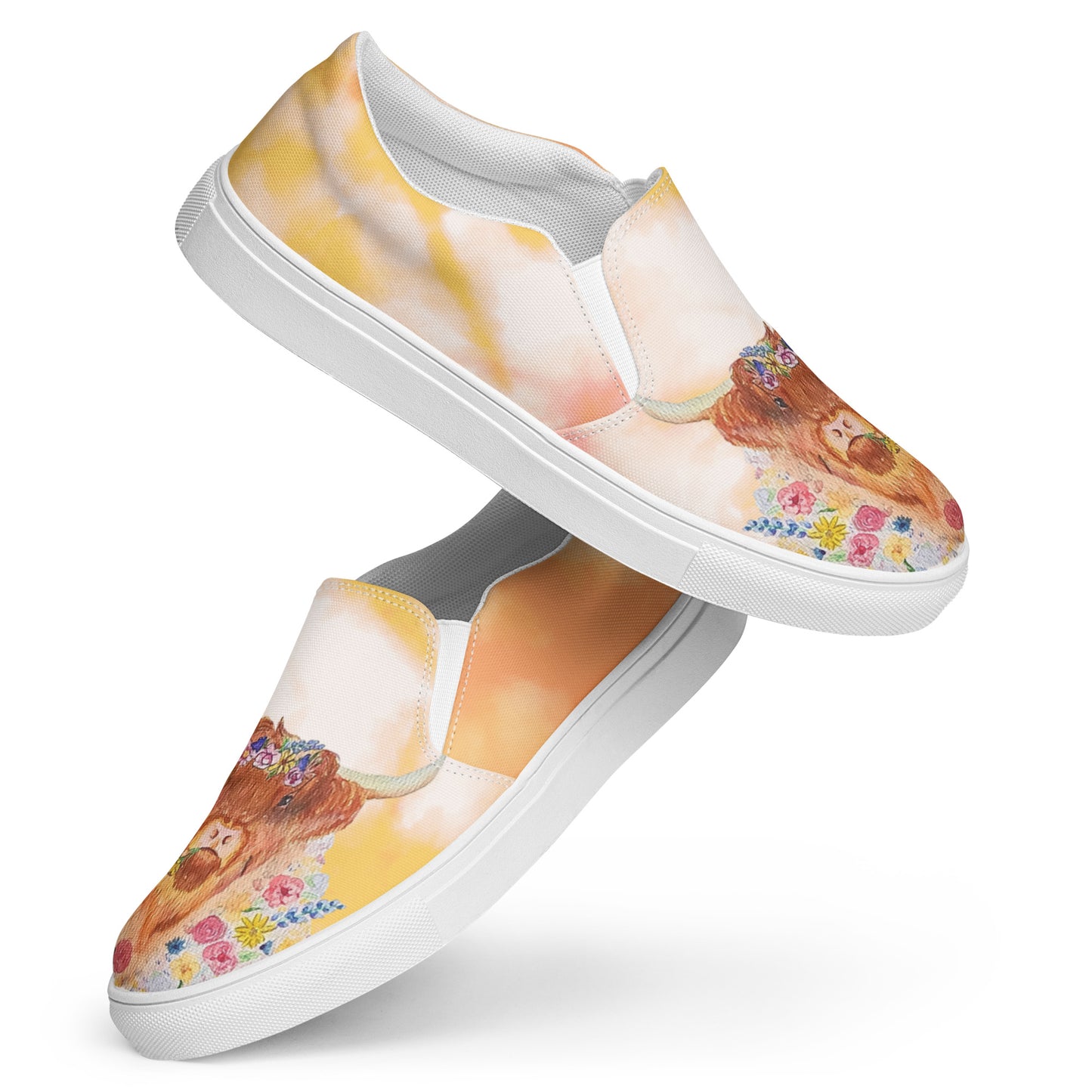 Women’s slip-on canvas shoes - hand painted watercolor floral highland cow design - yellow