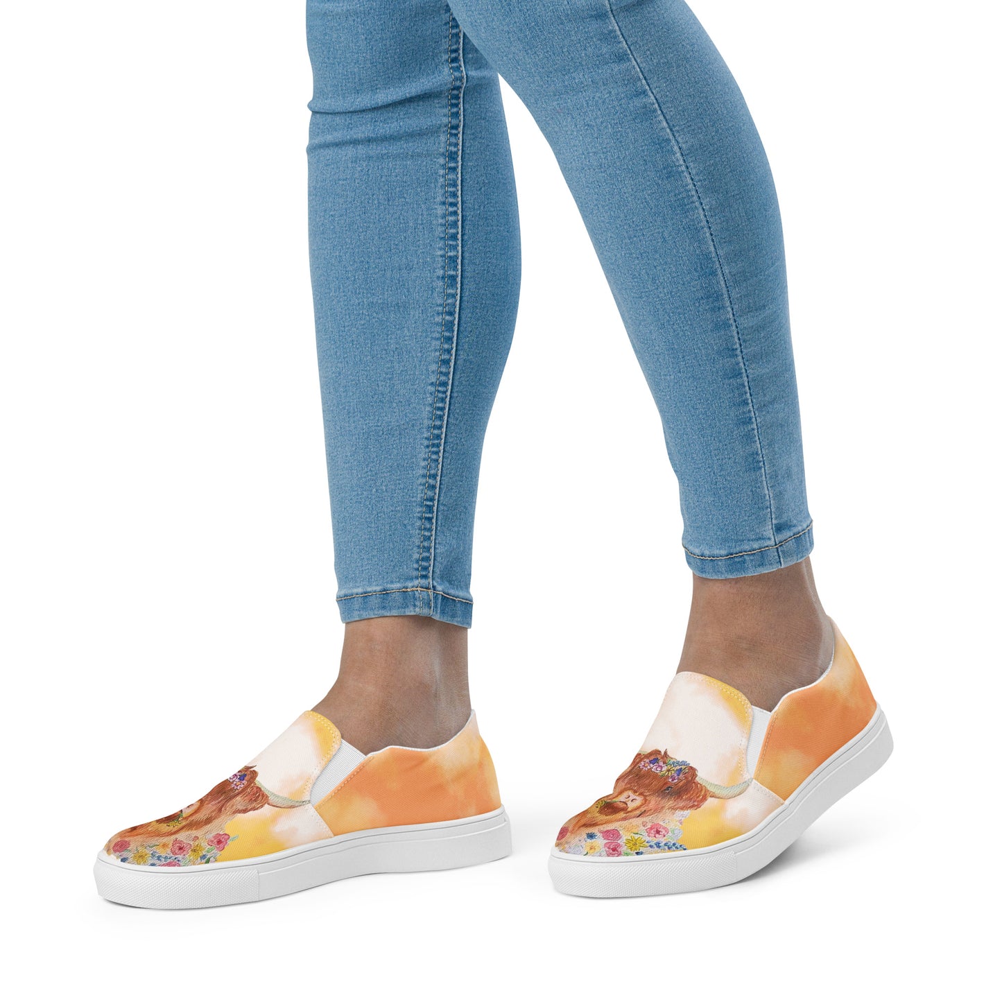 Women’s slip-on canvas shoes - hand painted watercolor floral highland cow design - yellow