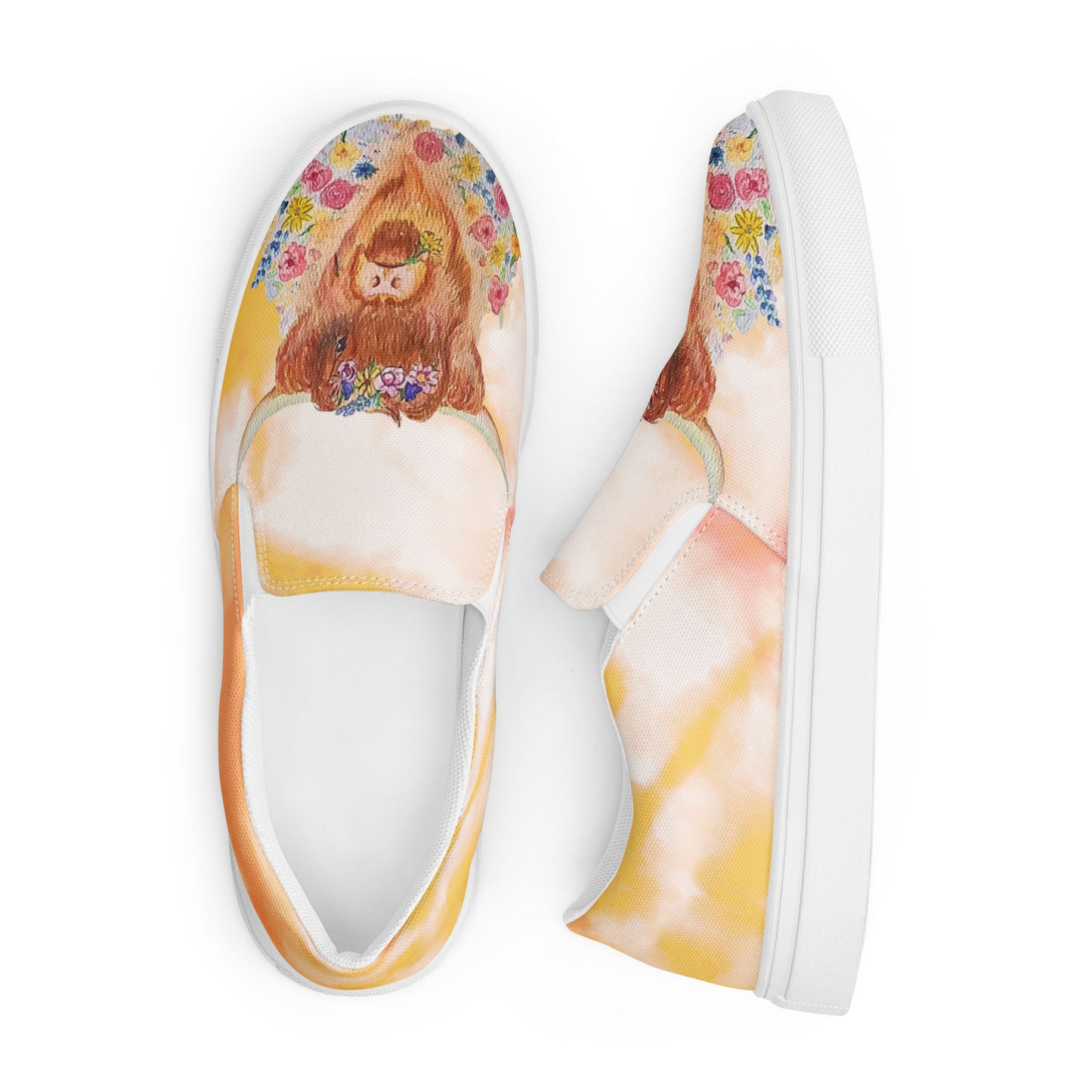 Women’s slip-on canvas shoes - hand painted watercolor floral highland cow design - yellow