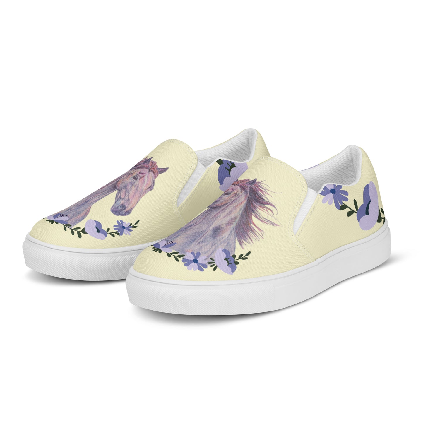 Women’s canvas shoes - Custom sorrel horse and floral design slip on shoes - yellow