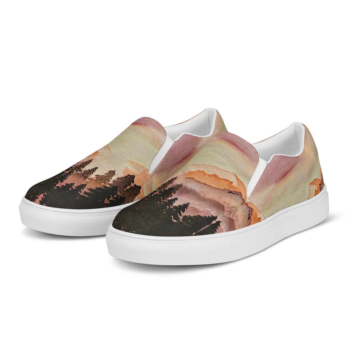 Women’s canvas shoes - Watercolor mountain painted designed slip on shoe - multicolor