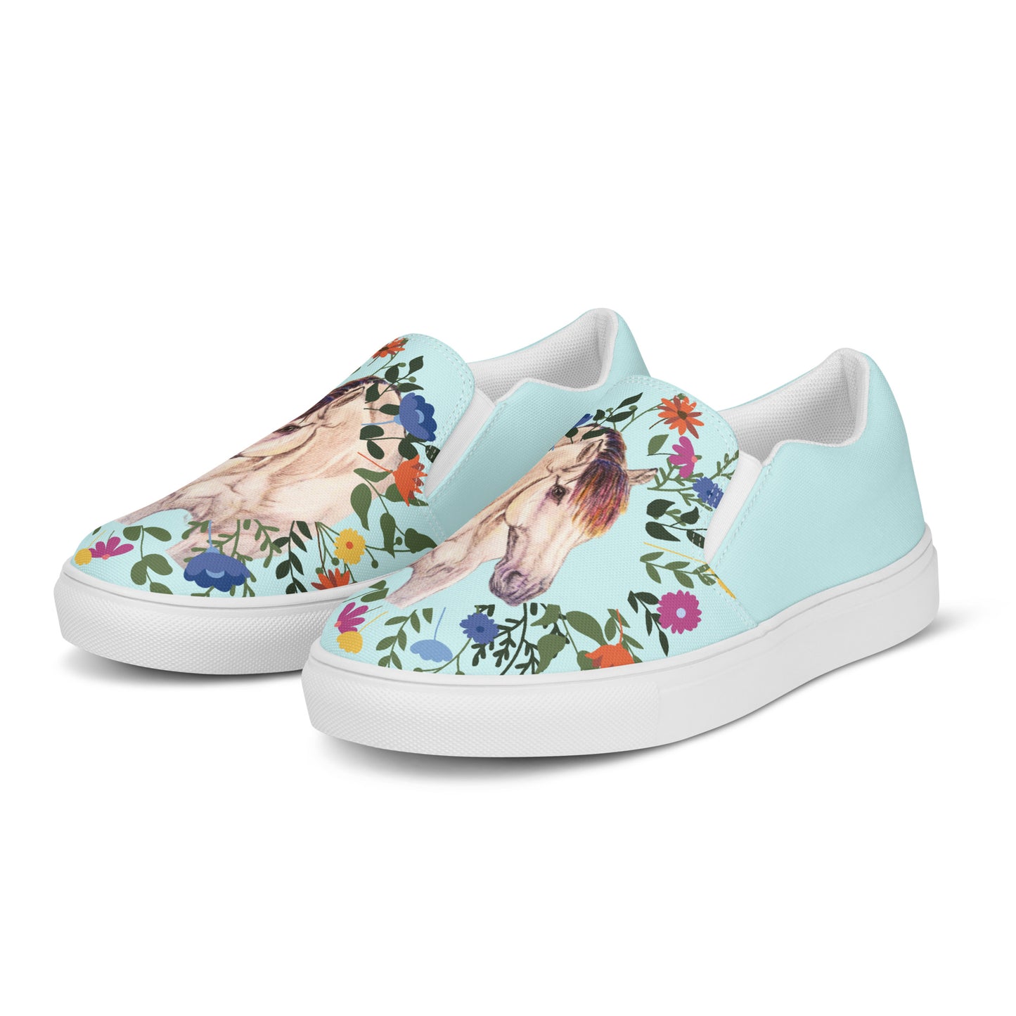 WWomen’s canvas shoes - custom original hand drawn buckskin horse design slip-on flats - blue