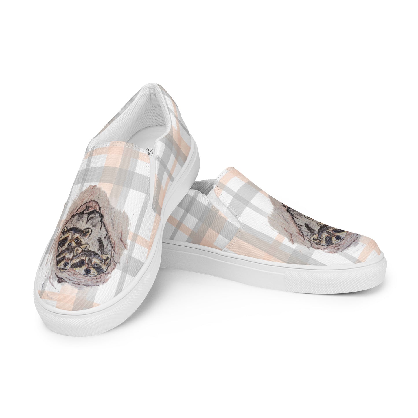 Women’s canvas shoes - original custom raccoon art hand-drawn design slip-on shoes - plaid