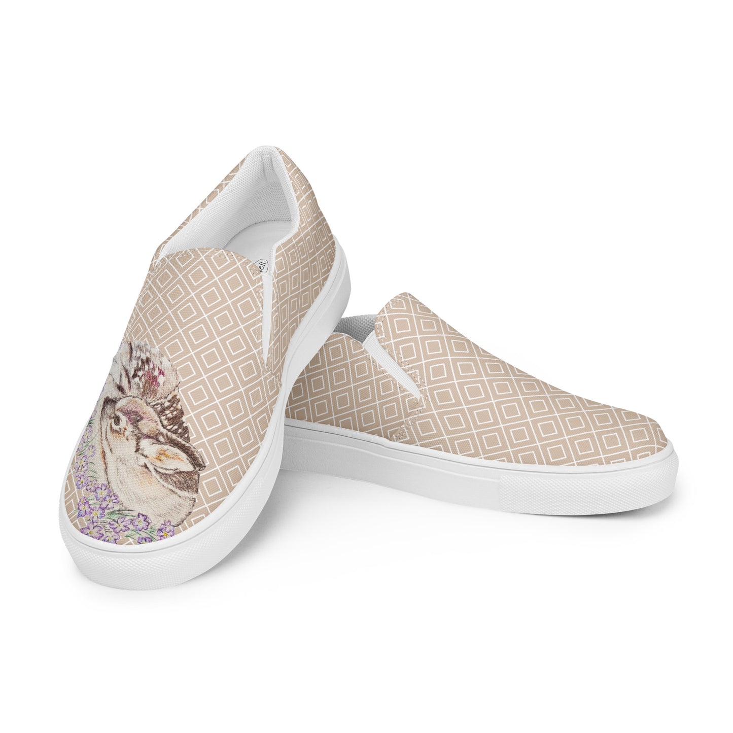 Women’s Canvas Shoes - original custom Fawn Art hand-drawn design slip-on shoes - tan