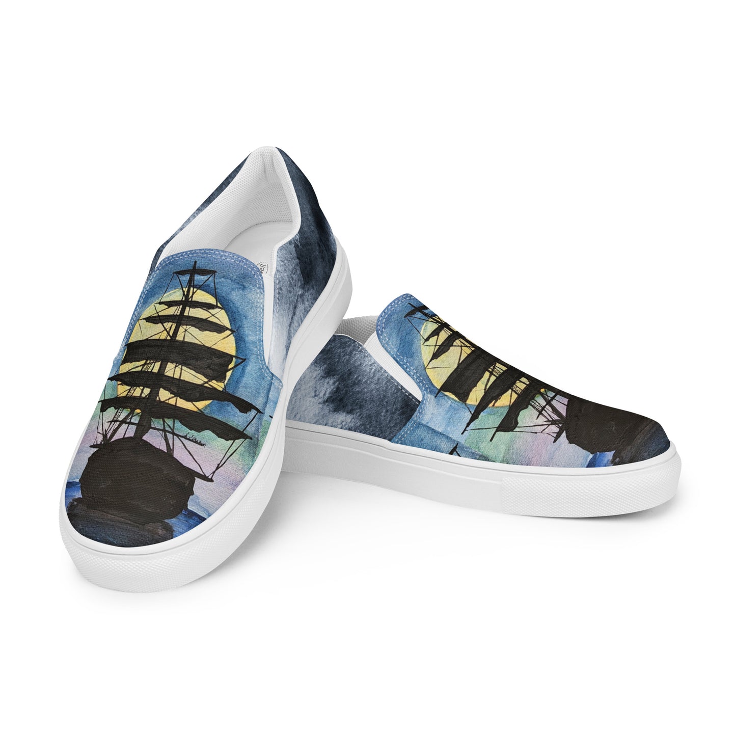 Women’s slip-on canvas shoes - watercolor pirate ship silhouette - blue