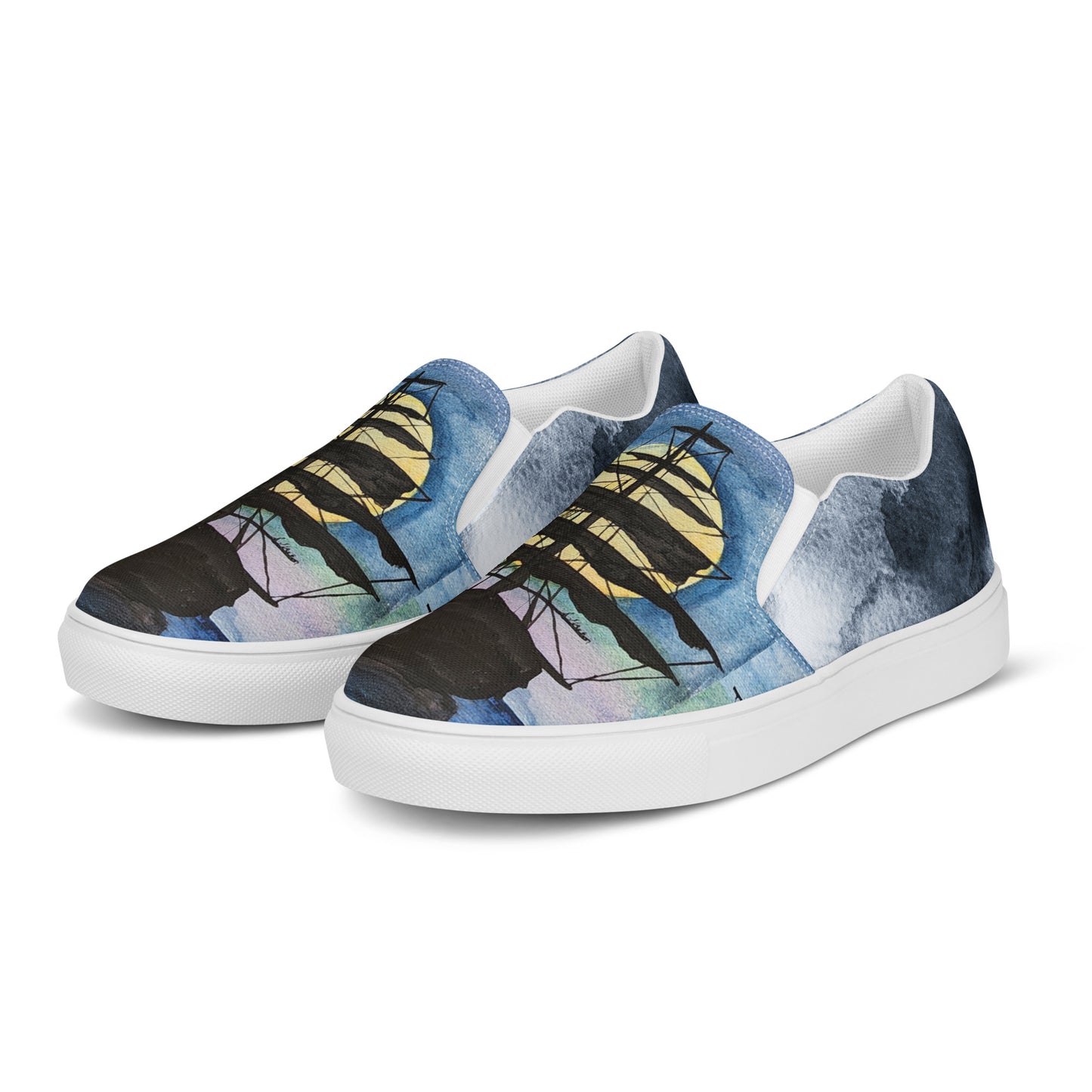 Women’s slip-on canvas shoes - watercolor pirate ship silhouette - blue