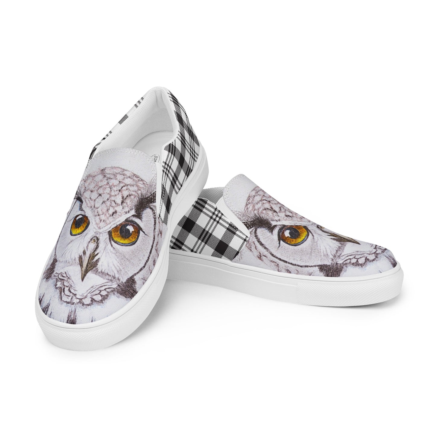 Women’s canvas shoes - custom hand drawn owl eye designed slip on shoe - black/white plaid