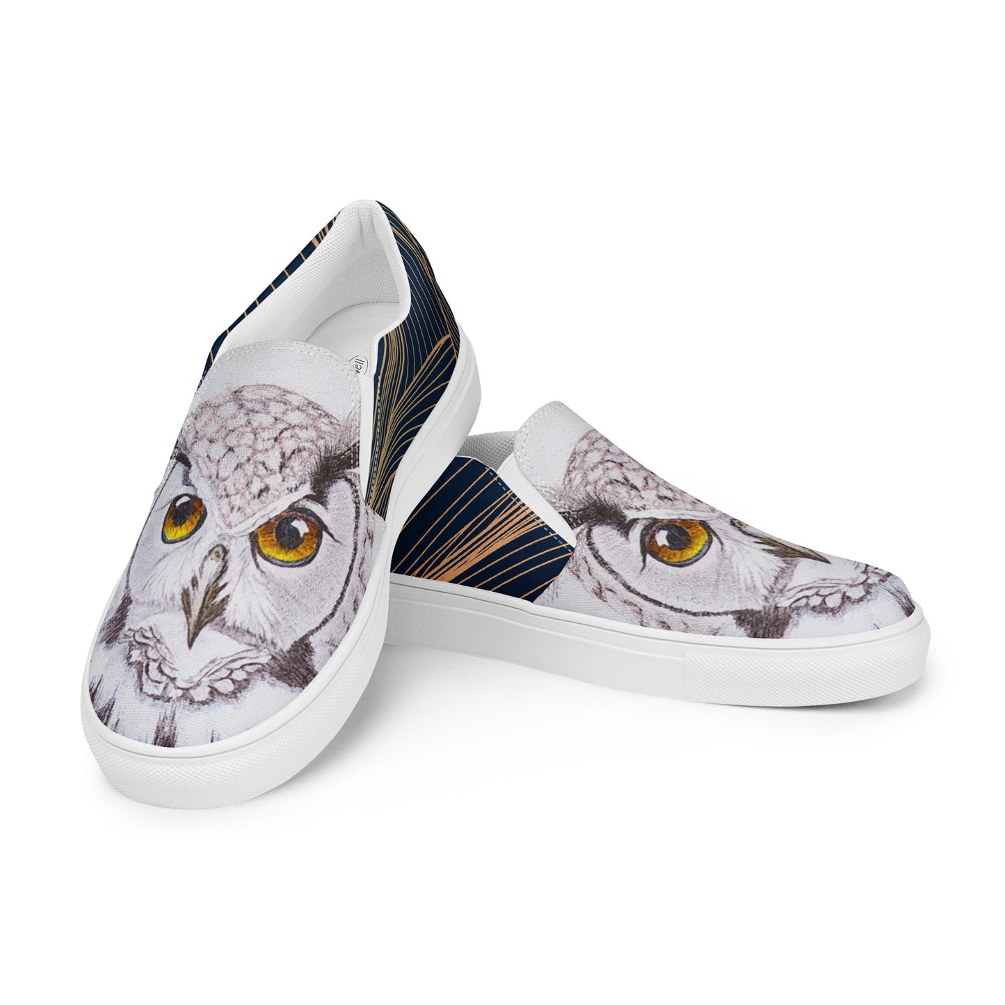 Women’s canvas shoes - custom hand drawn owl eye design slip ons - navy swirl