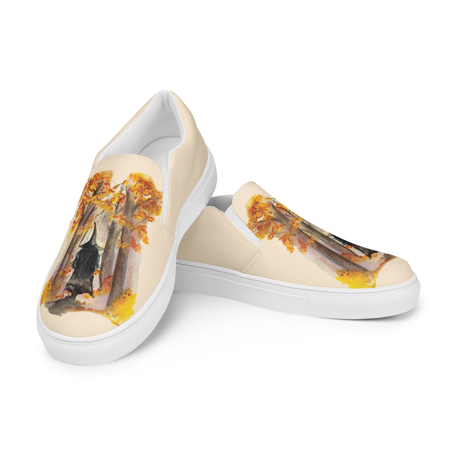 Women’s canvas shoes - autumn witch watercolor designed slip ons - peach