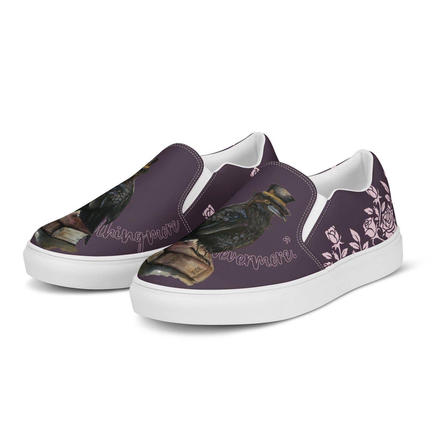 Women’s canvas shoes - watercolor "The Raven" and rose designed slip on flats - purple